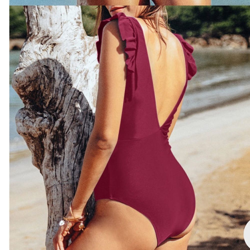 Solid One-Piece Swimsuit Ruffle Backless - Picture 2 of 11